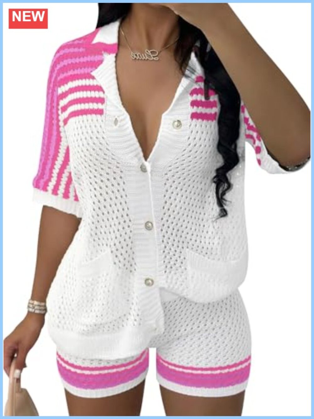 Hollow Out Knit Sweater and Shorts Set V Neck Striped Casual Vacation